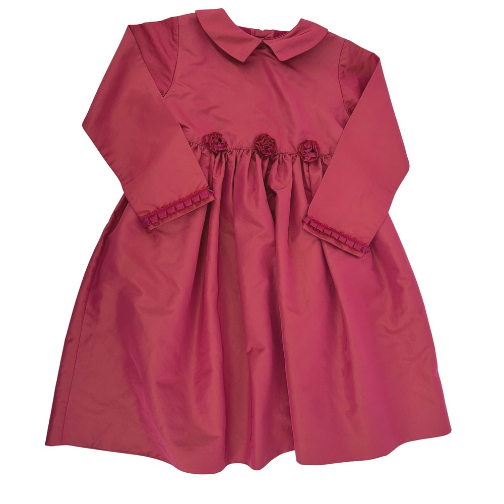 Vtg Petit Faune Girls Dress Burgundy Long Sleeve Rose Detail Party Holiday Sz 6